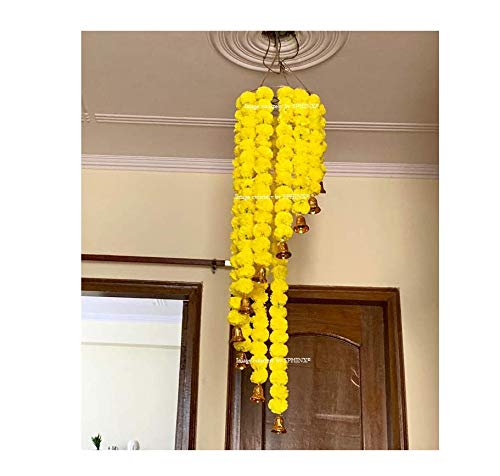 ARTIFICIAL MARIGOLD FLUFFY FLOWERS (GENDA PHOOL) CHANDELIER/JHOOMAR – YELLOW (HEIGHT APPROX. 4 FT.)