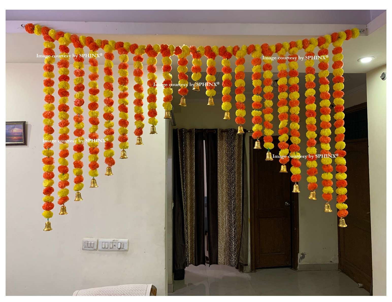 SPHINX ARTIFICIAL MARIGOLD FLUFFY FLOWERS GRAND ENTRANCE/SHAMIYANA/MANDAP TORAN FOR DECORATION – APPROX. 6 X 4 FT – YELLOW AND DARK ORANGE